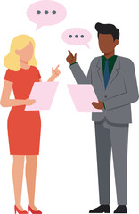 Obraz premium Two business professionals discussing documents with speech bubbles in minimal flat style vector illustration