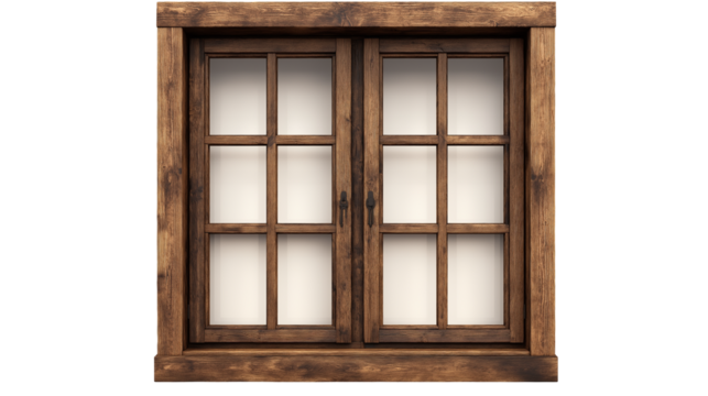 A rectangular glass closed window within a sturdy  brown frame, often made of wood providing clear visibility while offering support and structure isolated on white background or transparent png 