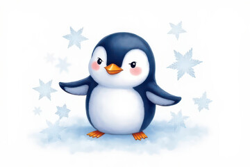 Whimsical Watercolor Penguin in Soft Pastel Hues: Dreamy Snowflake Illustration