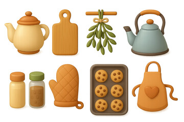 3D Vintage kitchen items: teapots, cutting board, cookies, and cooking accessories