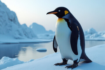 Fototapeta premium Futuristic Robot Penguin Patrolling Arctic Research Station: Cinematic Sci-Fi Landscape Midjourney Render