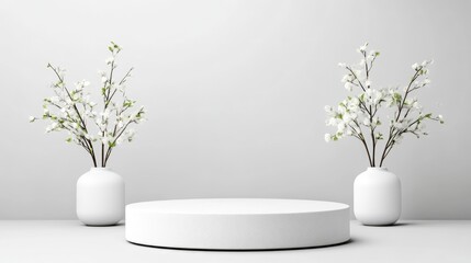 Minimalist white podium with spring blossoms.  Simple, clean, and elegant display for product presentation.  Vases and branches of white blossoms add a touch of delicate beauty