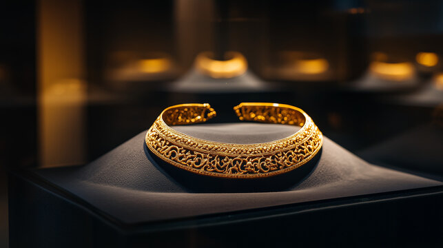 Intricate golden torc necklace on display in soft lighting