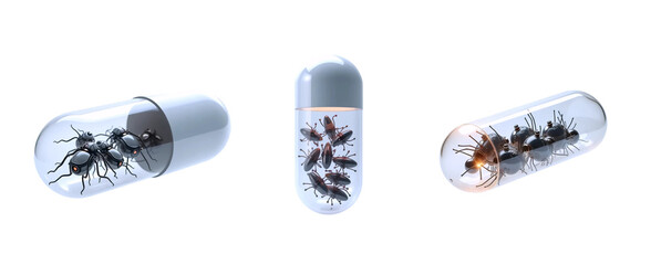 A futuristic looking transparent medicine capsule, illuminated from within by a glow, containing a group of tiny microrobots. A sense of advanced medical technology and innovation.