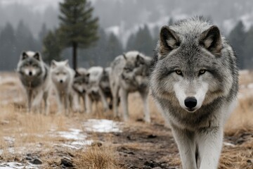 A pack of wolves moving through a snowy landscape in a forest setting.