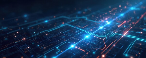 Futuristic tech background. Digital circuit board with glowing lines, dots. Creative modern abstract design concept for presentations, powerpoints, digital projects, business reports, tech promotions.