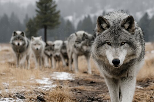 A pack of wolves moving through a snowy landscape in a forest setting.