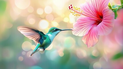   A Hummingbird flying alongside a Pink Flower against a Blurry Background