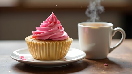 sponge cake dessert cake with pink cream served with a white cup of tea or cappuccino in a cafe