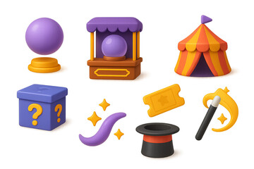 3D Magical carnival: crystal ball, tent, magic hat, and enchanted props collection