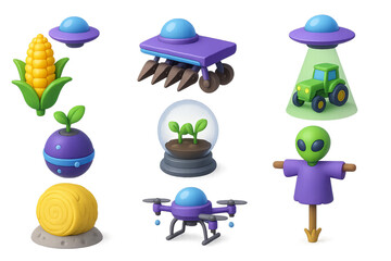 3D cartoon farm with corn, ufos, aliens, drones, and tractor