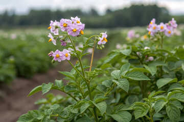 Fototapeta premium A field of purple colored flowering potatoes with green leaves