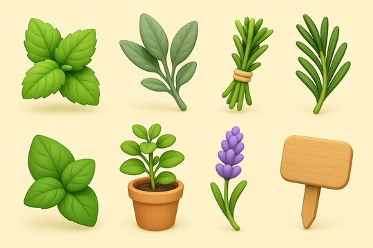 3D  herbs and plants collection cartoon : mint, sage, rosemary, lavender, and basil