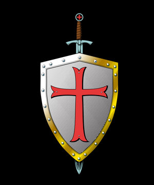 Ein mittelalterliches Schild mit Kreuzsymbol und einem Schwert dahinter.
