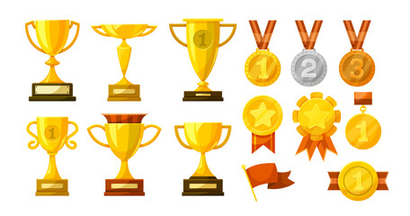 Collection of gold trophies, medals, and award badges in cartoon style on white background. Concept of victory, success, and achievement. Vector illustration