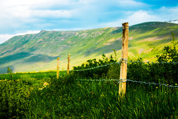 Barbed wire fence cutting across green hills in moody Erzurum landscape
