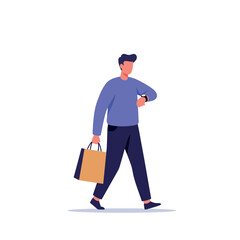 Young man walking with shopping bag checking time on wristwatch flat minimal vector illustration
