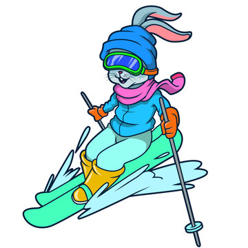 Der Hase rast auf Skiern die Piste hinunter &ndash; mit M&uuml;tze, Schal und Skibrille.

