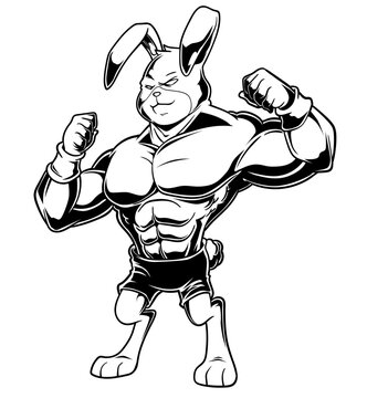 Der Muskel-Hase posiert stolz mit angespannten Armen und starkem Blick.
