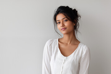 beautiful South Asian, Indian woman smiling for the camera wearing a white shirt with a plain background with copy space