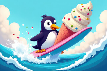 Naklejka premium Colorful Penguin Surfing Ice Cream Wave: Cheerful Kids Book Illustration of Dreamy Candy Surf Scene
