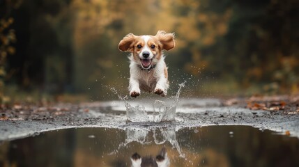 A dog making the most awkward leap over a tiny puddle --ar 16:9 --v 6.1 Job ID: 562decd9-4d19-4534-be61-cf52ebeb7c59