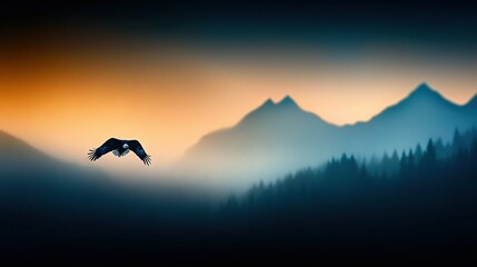 Fototapeta premium A bird flying over a forested mountain range at sunset