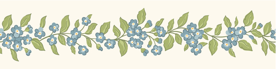 Delicate forget me not flower trellis horizontal vector seamless border pattern. Vintage romantic spring garden cottagecore garland print for decor, classic textiles.