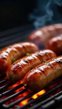 Grilled sausages sizzle, juicy links on hot grill grates , golden brown, gastronomy, bratwurst