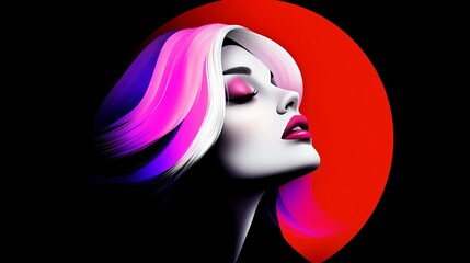 Woman with colorful hair looks upward against a bold red circle with a stark black background.