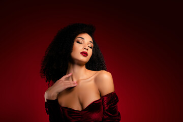 Fototapeta premium Photo of attractive luxurious lady close eyes touch chest feel enjoy tenderness wear gown