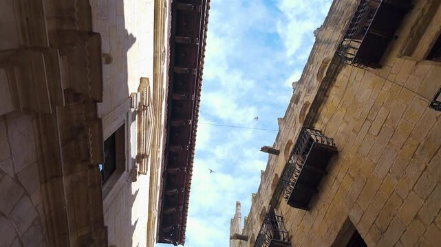 Medieval buildings with latticed balconies in the old town of Valderrobres, Teruel.