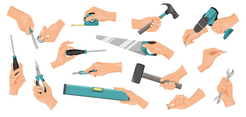 Collection of hands using different hand tools like saw, hammer, screwdriver and drill in flat graphic style on white background. Vector illustration