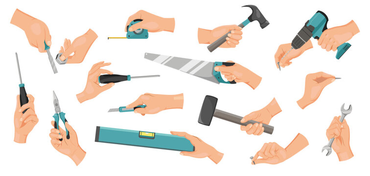 Collection of hands using different hand tools like saw, hammer, screwdriver and drill in flat graphic style on white background. Vector illustration