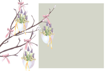 Card of willow branches with spring pring flowers in eggshells on a rope, watercolor illustration isolated on white. Composition hand drawn pastel tones for Easter cards, packaging and festive decor