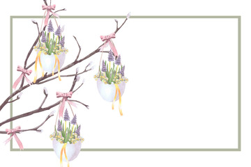 Frame of willow branches with spring pring flowers in eggshells on a rope, watercolor illustration isolated on white. Composition hand drawn pastel tones for Easter cards, packaging and festive decor