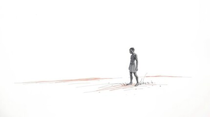 Solitary Figure in a Minimalist Landscape: Pen Sketch