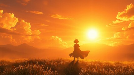 Fototapeta premium Sunset Silhouette: Girl in Golden Meadow, Warm Artistic Landscape
