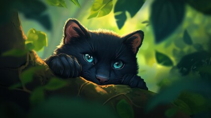   A black cat with blue eyes emerges from a tree branch adorned with green leaves