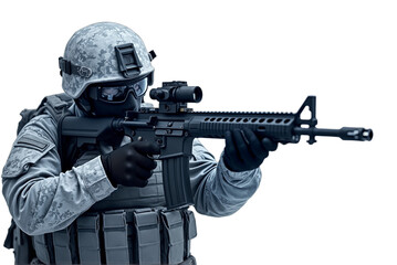 Fototapeta premium American soldier aiming rifle, isolated on transparent background. Blue tint, camouflage gear. Use for military campaigns, Veteran's Day, Memorial Day, tactical simulations, gaming.