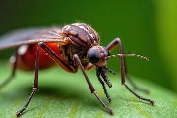 Fototapeta premium Close-Up Macro Illustration: Blood-Filled Mosquito on Leaf with Transparent Wings and Reflective Eyes