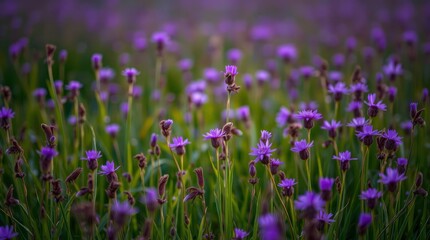 Naklejka premium Purple Flower Field: Serene Sunset Meadow