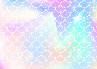 Rainbow scales background with kawaii mermaid princess pattern.