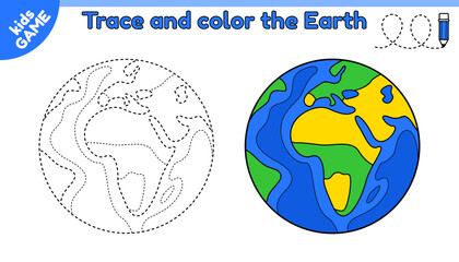 Space educational kids game. Trace and color. Connect dotted lines. Draw planet the Earth. Handwriting practice worksheet. Writing page for education children. Activities book. Vector illustration. © Alyona-Simona