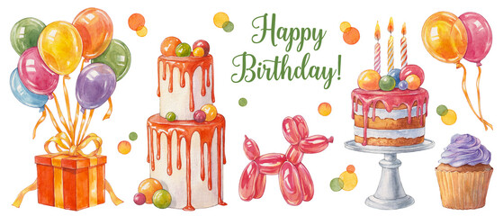 Watercolor illustration of Birthday party element. Happy birthday  text with surprise elements like Cakes, Balloons, gift, candles and confetti decoration for birth day celebration greeting card. 