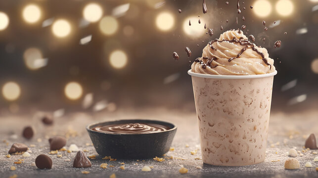   A photo captures a mug of java adorned with whipped cream and chocolate shavings resting beside a dish of chocolate morsels