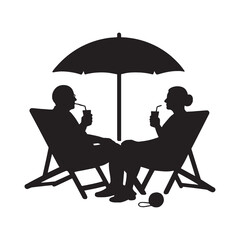 Black vector silhouette of an elderly couple in lounge chairs under an umbrella, holding cocktails. Simple minimalistic style isolated silhouette on white background.