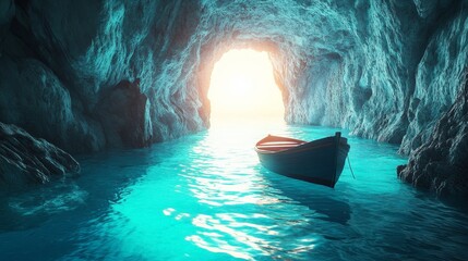  Rowboat floating in glowing blue sea cave at sunrise