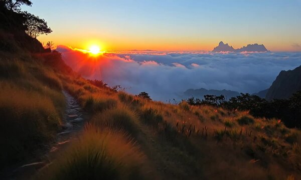 Breathtaking sunrise over a mountain landscape with clouds rolling in the valley below