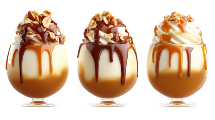 Three ice cream desserts sit with drizzled caramel and nut toppings against a stark black background.